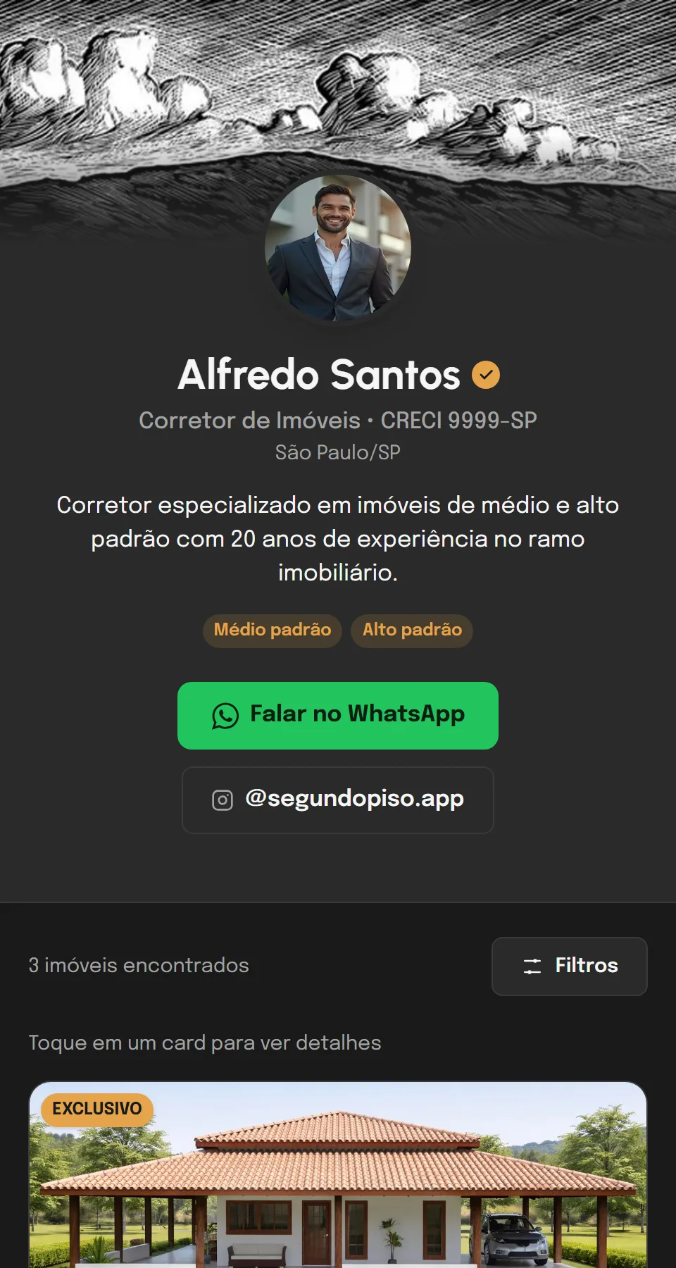 Página pública de exemplo de um corretor no segundopiso, com foto, CRECI, botão de WhatsApp e imóveis cadastrados